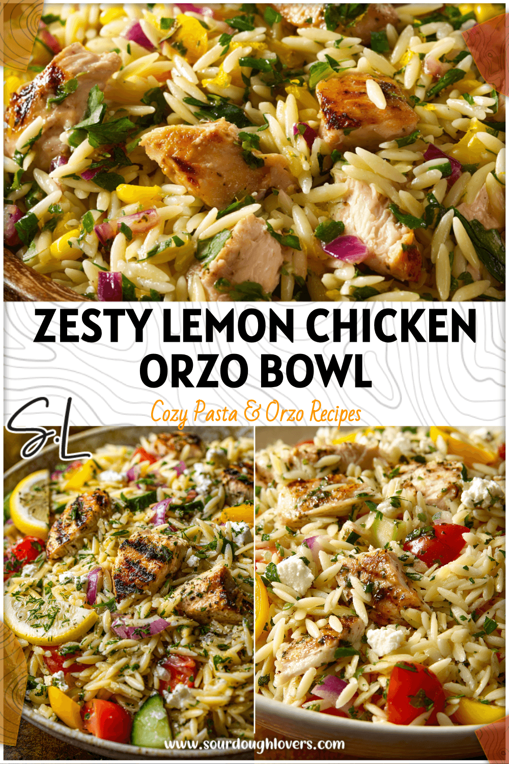 Bowl of lemon chicken orzo salad with herbs and vegetables for a savory pasta salad lunch.